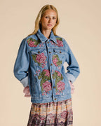 Maxi jaqueta jeans com aplicação floral