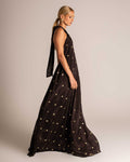 Vestido longo frente única com bordado metalizado