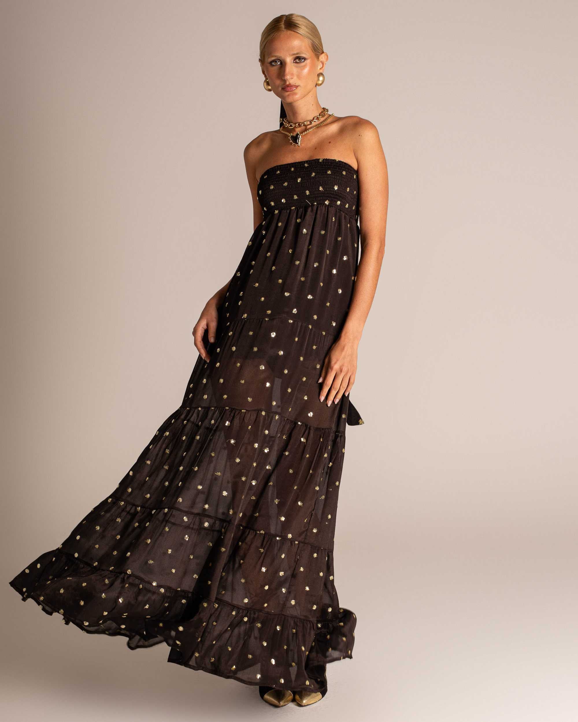 Vestido longo tomara que caia com bordado metalizado